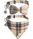 Classic Plaid Bow Tie Cat Collar with Bell - 2 Pack Adjustable Collars for Cats and Small Dogs - Beige Plaid Design - Buy Online on SooperMarket.com