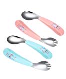 4PC Baby Cutlery Set - Stainless Steel Curved Spoons & Forks for Toddlers - Self-Feeding Baby Utensils in Blue & Pink - Buy Online on SooperMarket.com
