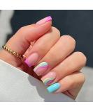 Colorful Waves French Tip Press on Nails - Glossy Blue & Pink Swirl Design | 24Pcs - Buy Online on SooperMarket.com