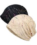 Womens Cotton Lace Turban Beanie 2-Pack - Black+Beige - Chemo Hats Sleep Cap - Buy Online on SooperMarket.com