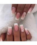 24pcs French False Nails White Tip Square Stick on Nails Flower Press on Nails with Rhinestones Removable Glue-on Nails Fake Nails Women Girls Nail Art Accessories 0220Y42 - Buy Online on SooperMarket.com