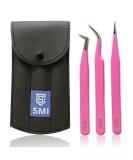 SMI 3 Pink Eyelash Tweezers Set - Pointed & Bent Stainless Steel for 3D/6D Volume Eyelash Extensions | Eyelash Pliers with Case - Buy Online on SooperMarket.com