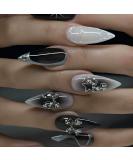 Buy Almond Press on Nails - Medium Black Ombre False Nails with 3D Bow Designs & Star Charms | Glossy Acrylic Stick-On Nails for Women - 24PCS - Buy Online on SooperMarket.com