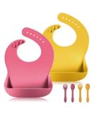 Vicloon 2PCS Silicone Baby Bib Set | Waterproof Baby Feeding Bibs with Fork Spoon | Adjustable & Easy to Clean | Unisex Toddler Bibs (Pink-Yellow) - Buy Online on SooperMarket.com
