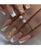 French Tip Press on Nails - Long Gold Foil Square Shape Reusable Gel Nails - 24 Pcs Glossy Nude Stick-On Nails for Women & Girls - Buy Online on SooperMarket.com