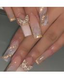 Buy Glossy Ombre Nail Press Ons - 24Pcs Coffin Fake Nails with 3D Butterfly & Gold Glitter - Ideal for Women - Buy Online on SooperMarket.com