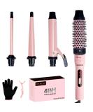 Curling Wand 4 in 1 Iron Set with Interchangeable Ceramic Barrels - Pink Curling Tongs and Straightener Brush for Long & Short Hairstyles - Women's Gift - Buy Online on SooperMarket.com