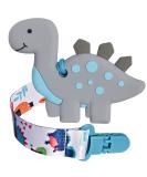 BigSpinach Soft Grey Dinosaur Teether & Pacifier Clip Set - Valentines Day Gift for Baby Boy | Silicone Teething Toy & Chew Toys - Buy Online on SooperMarket.com
