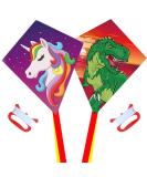 Diamond Kite 2 Pack Dinasour+Unicorn Eddy Kite, Beginners Kite for Children, Wonderful Beginner Kite for 3 Years up, 60x70cm with 2x300cm Long Tails, Kite Handle, 60m String and Swivel incloud - Buy Online on SooperMarket.com