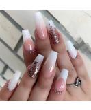 LUVADEYO 24 PCs Pink Coffin Sequins Fake Nails | Medium Length Press-On Nails with Bling Gradient & Rhinestone Design - Gorgeous Full Cover False Nails - Buy Online on SooperMarket.com