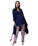 Happy Mama Maternity Nursing Nightwear Set - 3 Piece Navy and Ecru with Flowers | Pants, Top, Robe 558p - Buy Online on SooperMarket.com