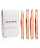 EXCLAIM BEAUTY 4-Piece Stainless Steel Precision Tweezers Set for Men & Women - Eyebrow, Splinter, and Ingrown Hair Removal - Includes Leather Case - Rose Gold - Buy Online on SooperMarket.com