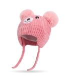 Cute Bear Kids Winter Hat | Dual Pom-Pom Ear Flaps | Fleece Lined Earflap Cap for Boys & Girls 1-5 Years | Chenille Knitted Warm Hat | Toddler Cold Weather Beanie - Pink - Buy Online on SooperMarket.com