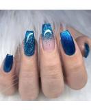Luvadeyo 24 PCs Medium Coffin Press on Nails Blue Gradient Fake Nails Glitter Artificial False Nails With Double Side Adhesive Tabs for Women & Girls Blue Powder - Buy Online on SooperMarket.com