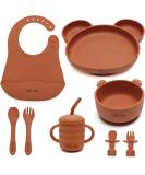 Little Tots 8 Piece Baby Weaning Set | Silicone Suction Plate, Bowl, Bib, Sippy Cup, Straw, Toddler Spoon & Fork, Cutlery | Apricot Orange - Buy Online on SooperMarket.com