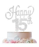 LINGTEER Happy 15th Birthday Silver Rhinestone Cake Topper - Cheers to 15th Birthday Party Decorations - Buy Online on SooperMarket.com