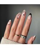 Black & White Swirl Almond Press On Nails | Full Cover False Nails | French Tip Heart Stick On Nails | Glossy Acrylic Nails for Women - Buy Online on SooperMarket.com