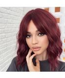 WOKESTAR Bob Curly Wig - Short Synthetic Wavy Wine Red Wig for Women, 12 inch with Fringe - Buy Online on SooperMarket.com