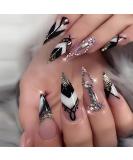 Shop Long Stiletto Press on Nails - Gold Glitter French Tip with Rhinestones | Luxury Artificial Acrylic Fake Nails for Women & Girls | Full Cover Stick-On Manicure Decorations - Buy Online on SooperMarket.com