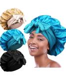 3pcs Satin Bonnets for Black Women - Large Silky Bonnet Set in B- Black, Peacock Blue, Rose Gold - Buy Online on SooperMarket.com