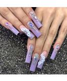 24pcs Light Purple Rhinestone Flower Pattern Long Coffin False Nails - French Fake Nails for Women and Girls - Buy Online on SooperMarket.com