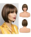 REECHO 11 Short Brown Bob Wig with Bangs - Synthetic Replacement Hair for Women - Chocolate Brown with Blonde Highlights - 11 Inch - Buy Online on SooperMarket.com