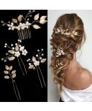 4 Pieces Bridal Wedding Hair Pins Gold Leaf Crystal Pearl Hair Pins Clips Flower Headpiece Vintage Wedding Hair Accessories for Brides Bridesmaids Women Girls Elegant - Buy Online on SooperMarket.com