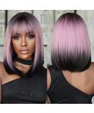 Allbell Black Pink Ombre Bob Wigs for Women | Short Straight Wigs with Bangs | Natural-Looking Hair Replacement for Cosplay & Parties - Buy Online on SooperMarket.com