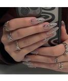 MISUD Press on Nails - Medium Almond Glossy Chrome Swirl Acrylic Stiletto - 24 pcs 3D Pearl Flash False Nails for Stunning Nail Art - Buy Online on SooperMarket.com