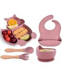 Hoseay Baby Weaning Set 5 in 1 | Silicone Suction Plate, Bowl, Spoon, Fork, Bibs | Pink Squirrel Design | Toddler Feeding Essentials - Buy Online on SooperMarket.com
