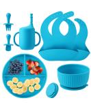 Baby Feeding Set - Silicone Bib, Suction Divided Bowl, Spoon, Fork - Toddler Utensils for Baby Led Weaning - Blue (6 Months) - Buy Online on SooperMarket.com