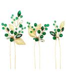 Emerald Green Rhinestone Gold Leaf Wedding Hair Pins - Pack of 3 | Bridal Hair Accessories for Women Girls - Buy Online on SooperMarket.com
