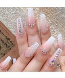 Pink Glitter Gradient Medium Ballerina Press on Nails with Crystal Gem Design - 24Pcs Luxurious False Nails Set for Women & Girls - Buy Online on SooperMarket.com