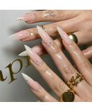 Shop 24Pcs Almond Press on Nails - Long Stiletto Faux Nails Pink Ombre Acrylic with Gold Star Designs - Cute Summer Nails for Women - Buy Online on SooperMarket.com