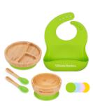 Bimba Bambino Baby Weaning Set - Bamboo Suction Plate, Bowl, 2 Spoons, Silicone Bib | Non-Toxic, Natural Bamboo, Green - Buy Online on SooperMarket.com