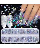 Holographic Nail Art Glitter Sequins - Laser Silver Decals 12 Grids | 3D Butterfly, Star, Heart, Unicorn Sticker Confetti for Acrylic Nails - Buy Online on SooperMarket.com