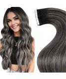 Laavoo 55cm Ombre Silver Tape Extensions - Real Hair Balayage #1B/S/1B - 20PCS 50g High-Quality Hair Extensions - Buy Online on SooperMarket.com