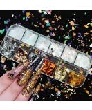 Holographic Nail Glitter Flakes | 12 Grids 3D Irregular Sequins | Shiny Gold & Silver Nail Art Supplies | Vintage Glitter for UV Gel Nails Design - Buy Online on SooperMarket.com