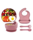 Hoseay Baby Weaning Set - 5 Pcs Silicone Feeding Set with Suction Bowl, Plate, Fork, Spoon, Bib - Baby Led Weaning Supplies for Kids/Toddlers in Pink - Buy Online on SooperMarket.com