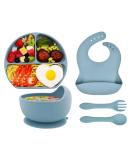 Hoseay 5 Pcs Silicone Baby Weaning Set with Suction Bowl, Plate, Fork, Spoon & Bib - Blue | Baby Led Weaning Feeding Supplies for Kids - Buy Online on SooperMarket.com