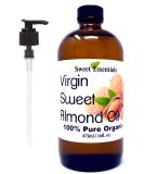 100% Pure Organic Unrefined Sweet Almond Oil from Italy - Cold Pressed, Hexane Free - 16oz Glass Bottle with Pump | For Hair, Skin, Nails - Carrier Oil - Buy Online on SooperMarket.com