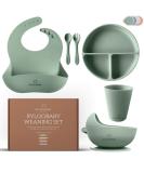 RYLOOBABY 6-Piece Baby Feeding Set with Suction Plate, Bib, Cup, Spoon & Fork - Sage | Non-BPA Food Grade Silicone - Buy Online on SooperMarket.com