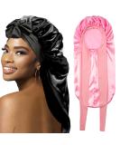 Bonnets for Black Women Braid Bonnet  Large Long Satin Bonnet for Braids Sleeping  Black Women Satin Silk Bonnet with Stretchy Tie Band Sleep Bonnet Cap for Long Curly Hair Braids (Black & Pink) - Buy Online on SooperMarket.com