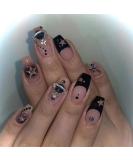 MISUD Coffin Press on Nails - Medium Ballerina Fake Nails with Black French Tip & 3D Rhinestone Star - 24 pcs - Buy Online on SooperMarket.com
