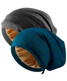 Silk Satin Bonnet Hair Wrap Set for Sleeping - Adjustable Silk Bonnets for Women Men - Large Black+Blue - Curly Hair Night Caps - Buy Online on SooperMarket.com