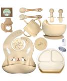 Baby Led Weaning Feeding Set | Suction Silicone Bowl & Utensils for Toddlers - Includes Spoons, Bibs, Food Plate - Beige - Buy Online on SooperMarket.com