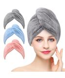 3 Pack Microfiber Hair Towel Wrap - Super Absorbent Fast Drying Caps for Curly, Long & Thick Hair | BEoffer Turbans in Gray, Pink & Blue - Buy Online on SooperMarket.com