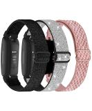 3-Pack Elastic Nylon Bands for Fitbit Inspire 3/2/HR/Ace - Breathable Adjustable Replacement Straps for Women and Men - Bling Black/Silver/Pink - Buy Online on SooperMarket.com