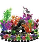 QUOZUO 25-Piece Aquarium Plants Decoration Set | Colorful Artificial Plants & Resin Cave Fish Tank Ornaments - Enhance Your Aquarium Today! - Buy Online on SooperMarket.com