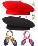 6 Pieces Wool Beret Hat Solid Color French Beanie Hat with Silky Scarf Brooch Black and Red - Buy Online on SooperMarket.com